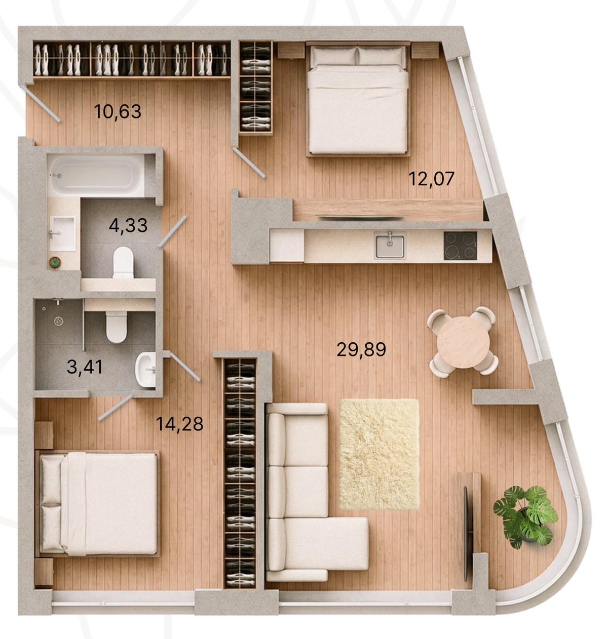 Планування двокімнатної квартири 74,61 м² у ЖК Liberville
